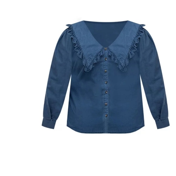 ELOQUII Elements Women's Plus Size Chambray Shirt with Oversized Collar - Picture 4 of 5